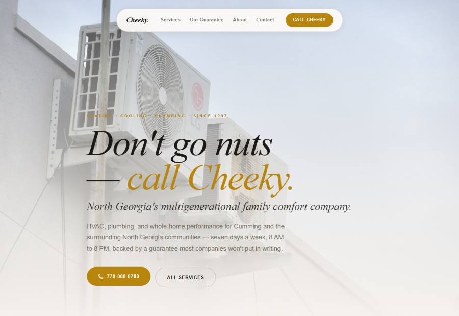 Cheeky Heating, Cooling & Plumbing's new Quiet Build site — a calm, modern home-services homepage.