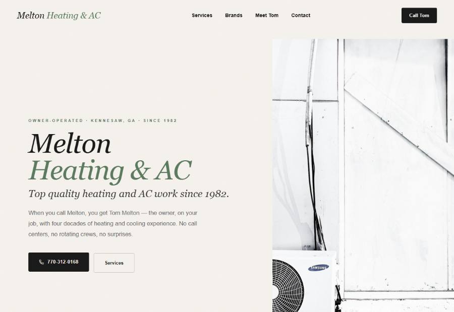Melton Heating & AC's new Quiet Build site — a fast, modern HVAC homepage.