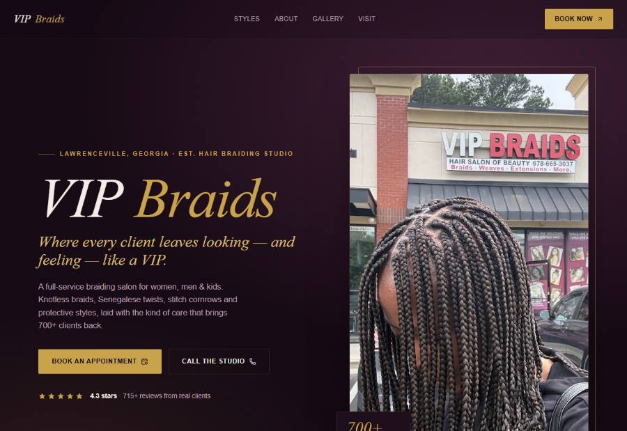 VIP Braids' new Quiet Build site — a clean cinematic braiding homepage on its own domain.
